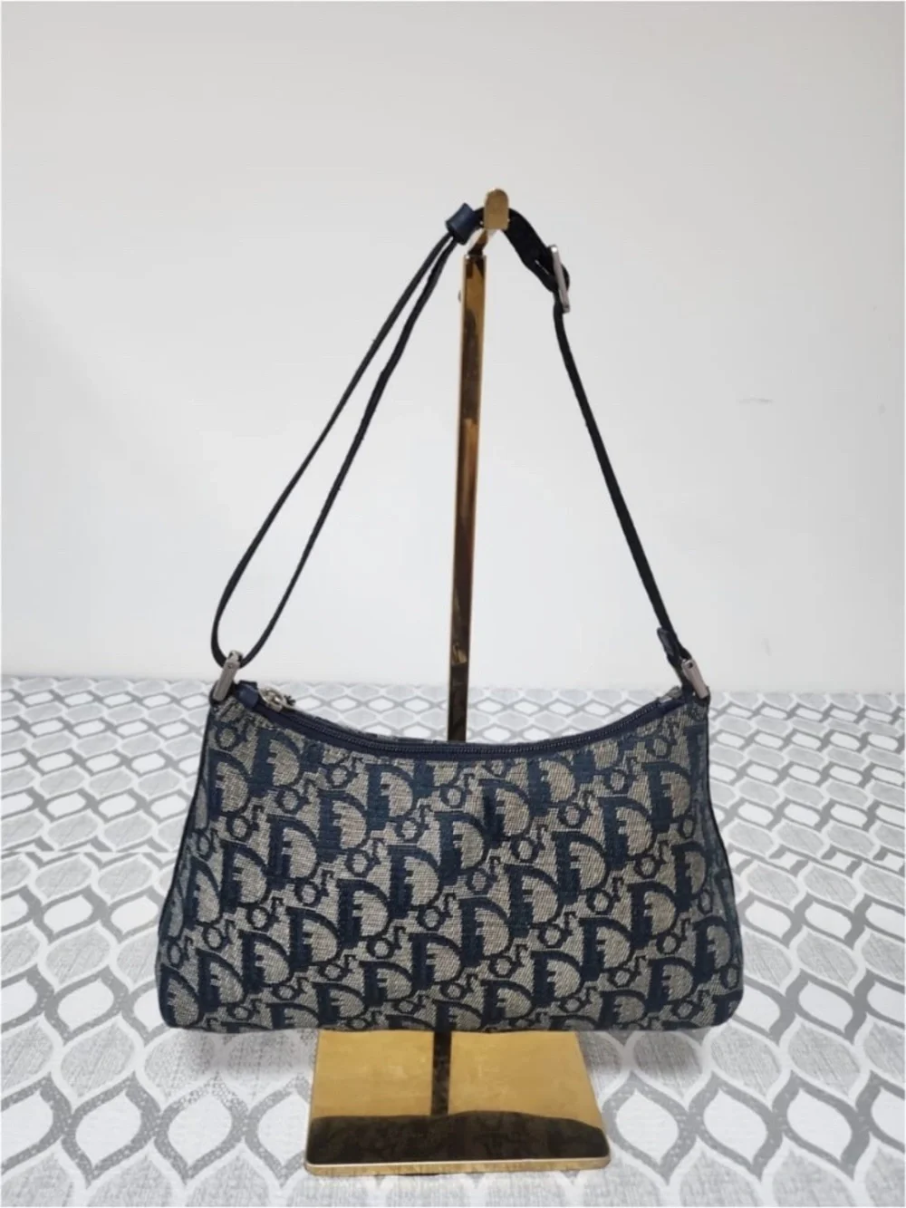 Authentic CHRISTIAN DIOR Denim Logo Pochette Bag Black/Beige
